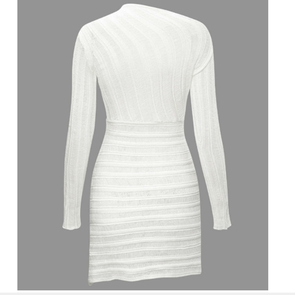 Asymmetrical Ripped Cut Out Knit Long Sleeve White Mini Dress, Size XL - Picture 5 of 16